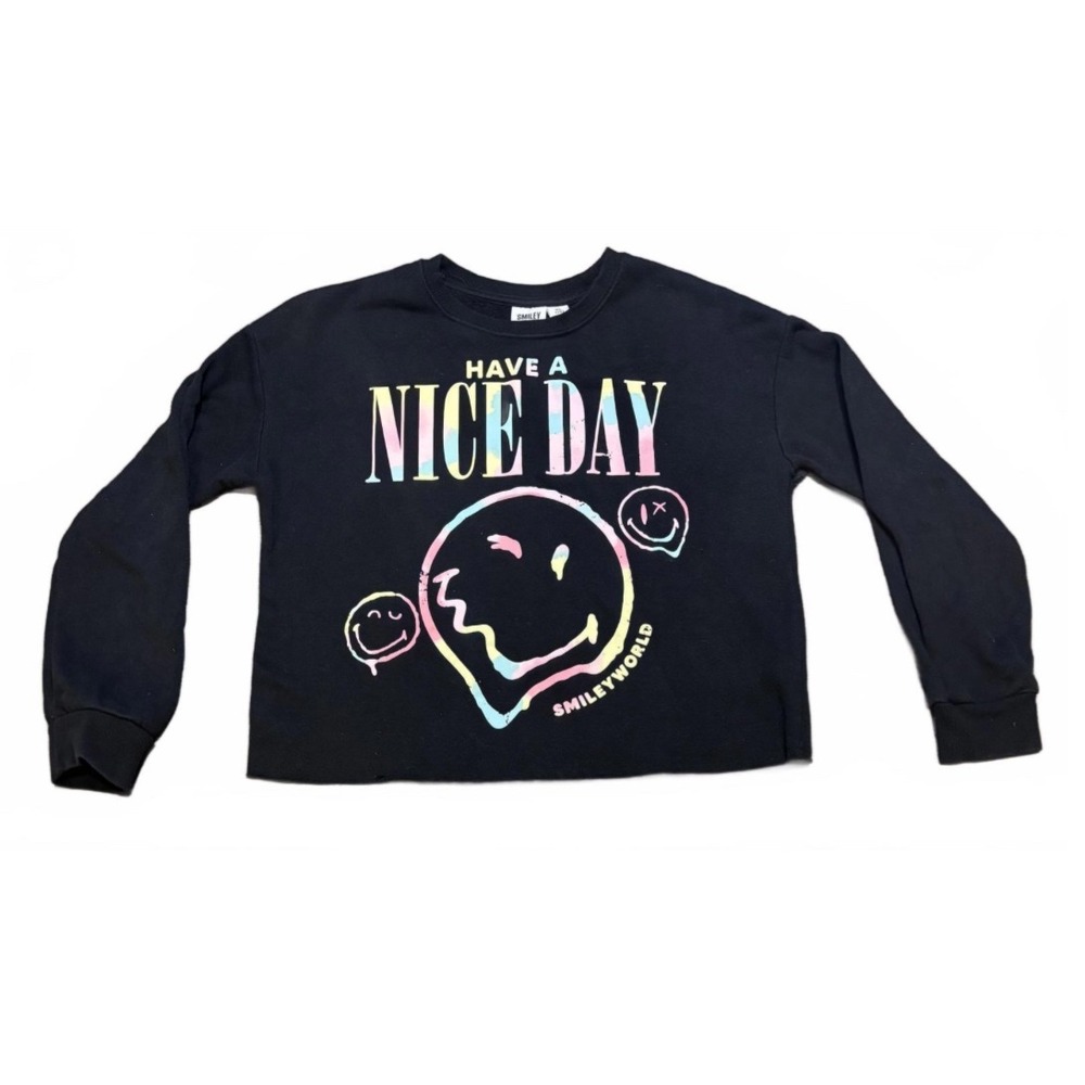 Smiley World Black‎ Graphic Cropped Sweatshirt Top Kids XL (14) Pastel Rainbow